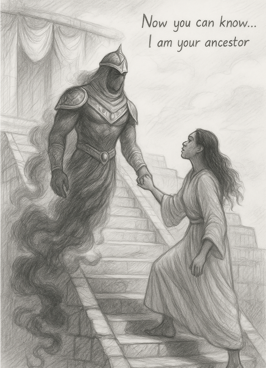 Striking, having an encounter with a Jinn made of shadow but having a humanoid body with arms and legs and wearing armor that shines in the sun, in modern day iraq setting. The focal point is a powerful Jinn figure made of smoke, cloaked in golden armor with no visible face, exuding an aura of ancient wisdom and strength. Behind him, a towering Iraqi ziggurat rises into the sky, showcasing its grandeur with intricate details. The scene is set in a bright sunny day, casting a magical glow. Emphasize sharp focus and high detail to capture the otherworldly essence of the encounter and the emotional intensity of the moment, blending reality and mysticism seamlessly.